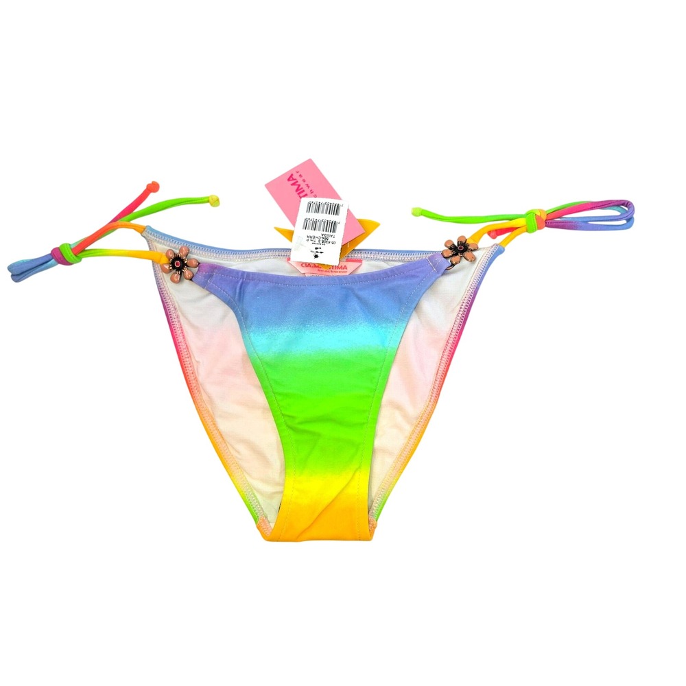 Cia Maritima Bikini Bottoms Rainbow Ombre Side Tie Flower Bead Women Small NEW